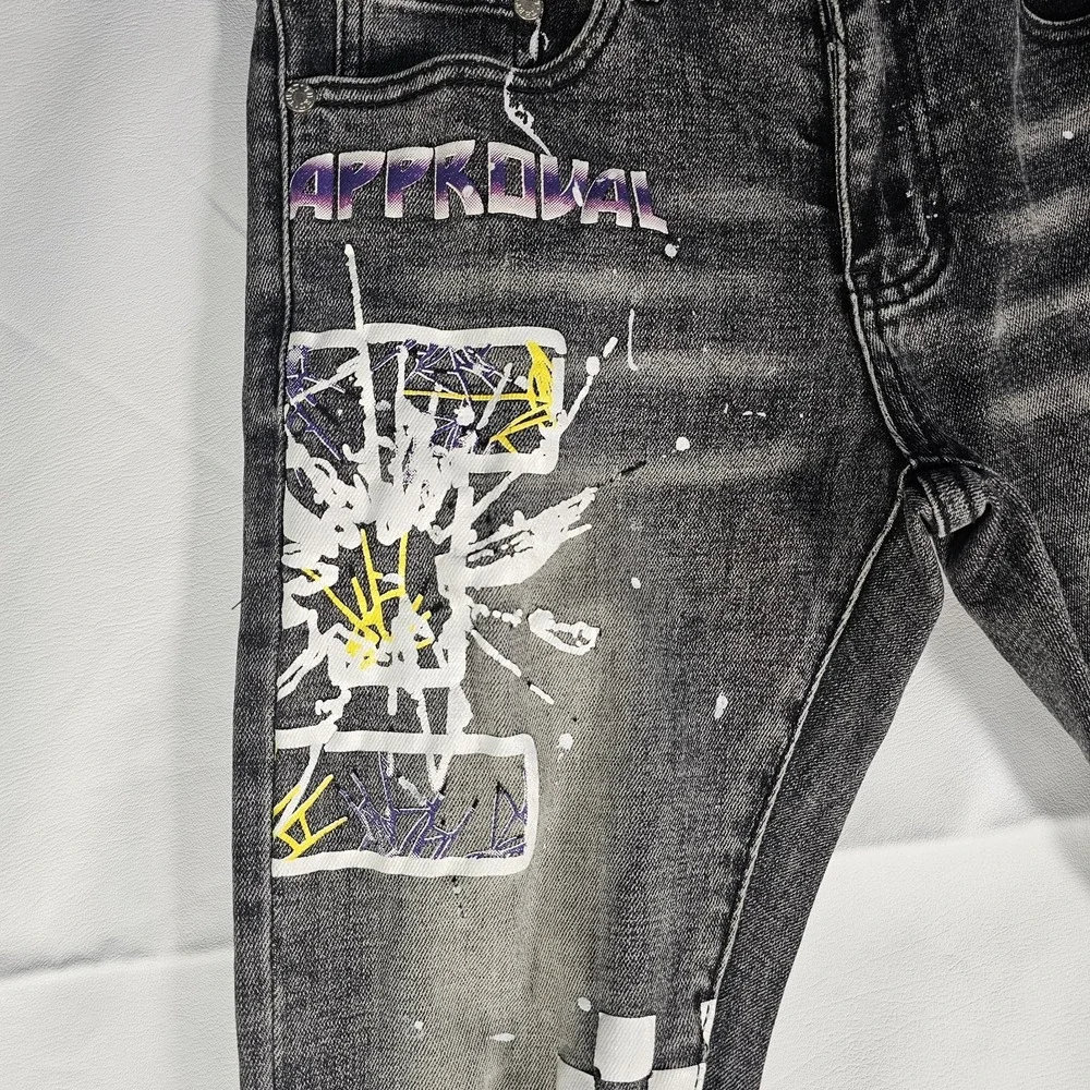 THRT Stacked Skinny Jeans‎ Mens 28x30 Black Graphic Flame Distressed Y2K